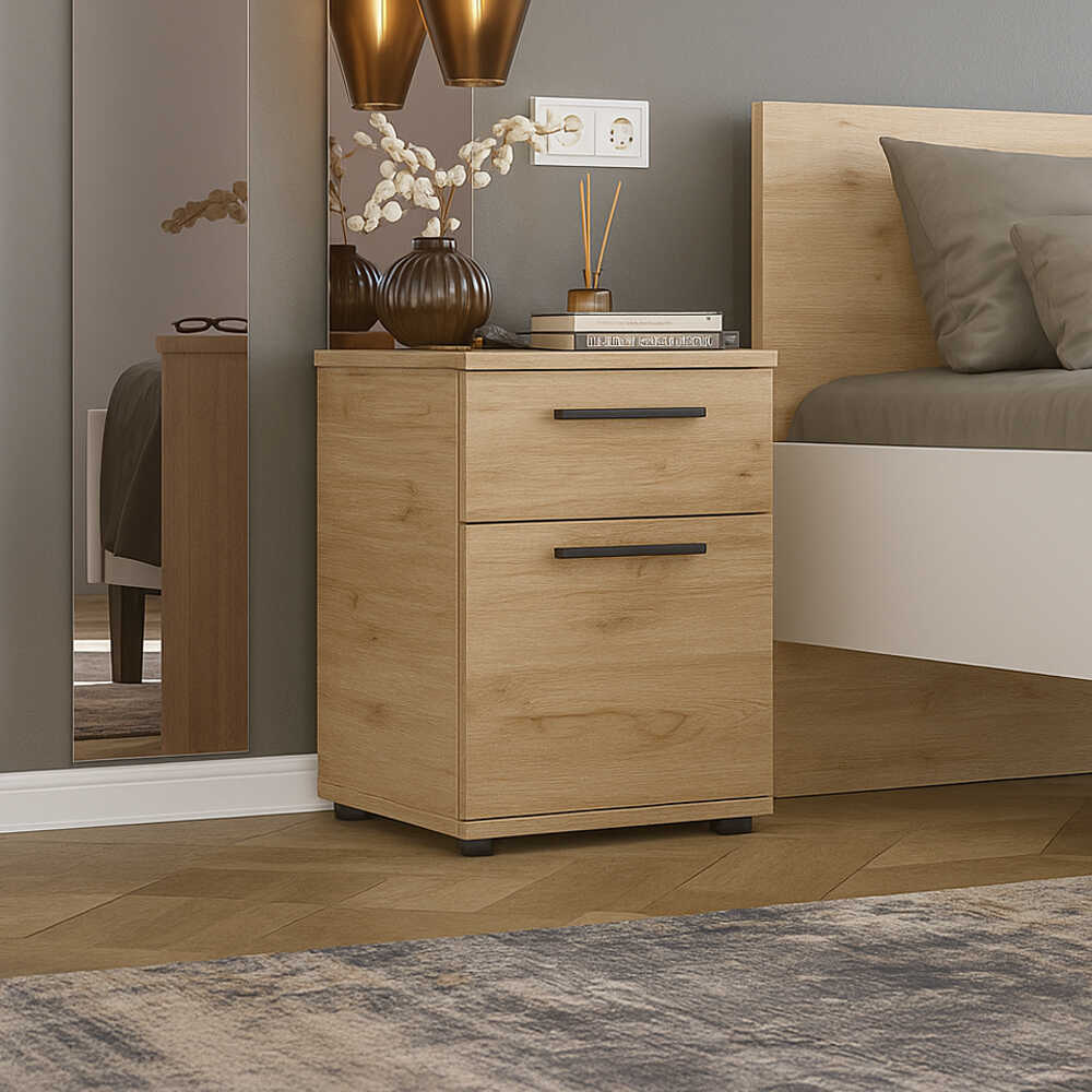 Noptiera KMD-611-BB-1 Home Collection® White, 2 sertare, Usa reversibila, Alb, 40x57x41 cm - Stejar | SKU: KMD-611-FF-1