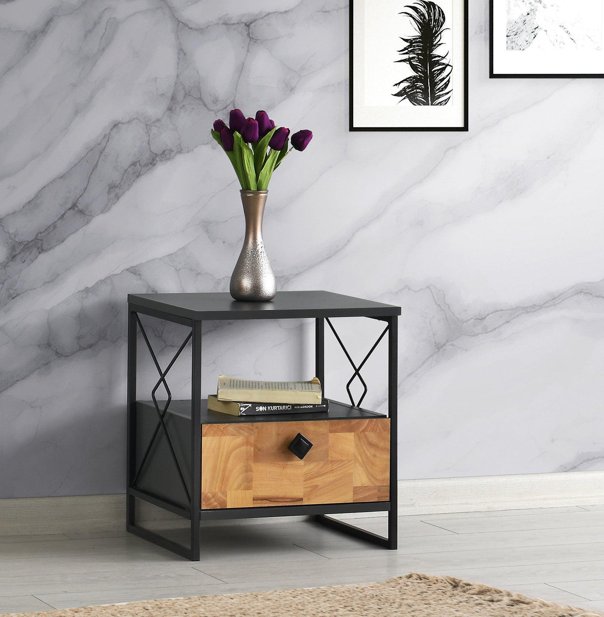 Noptiera Altunizade cu raft si sertar, Gri, 45x50x41 cm