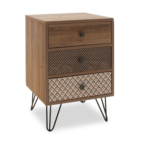 Noptiera Boho cu 3 sertare, nuc, 40x40x59 cm