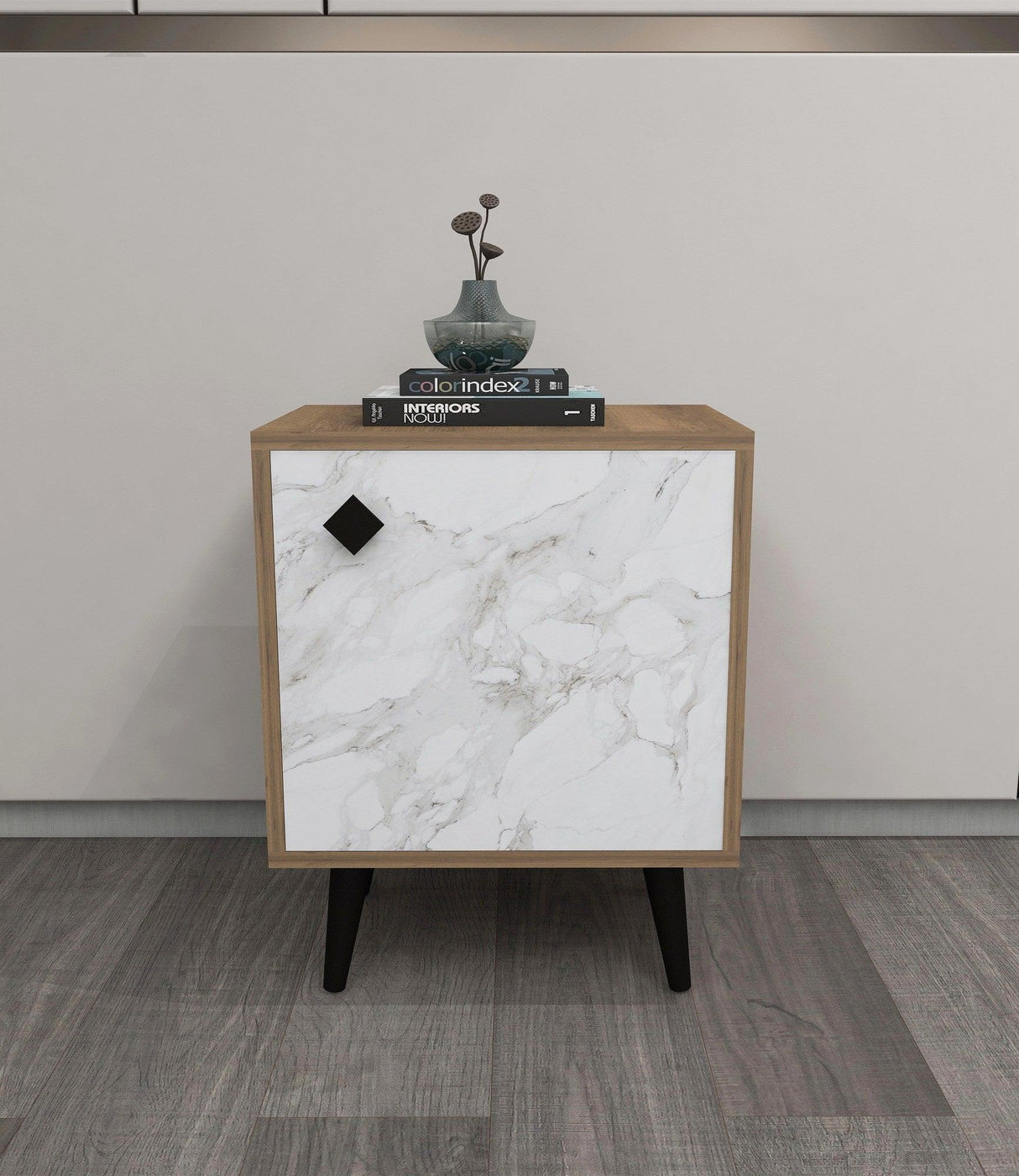 Noptiera Hastikoz cu usa, Alb - Stejar - Lemn, Natural, 45x65x35 cm - Hitit Stone