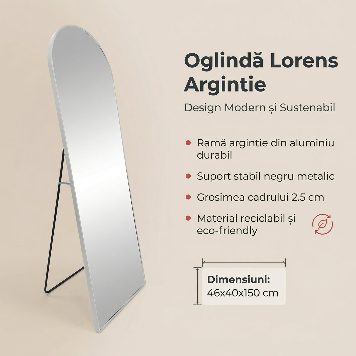 Oglinda Lorens, Aluminiu, Gri - Negru, 46x40x150 cm - Gri