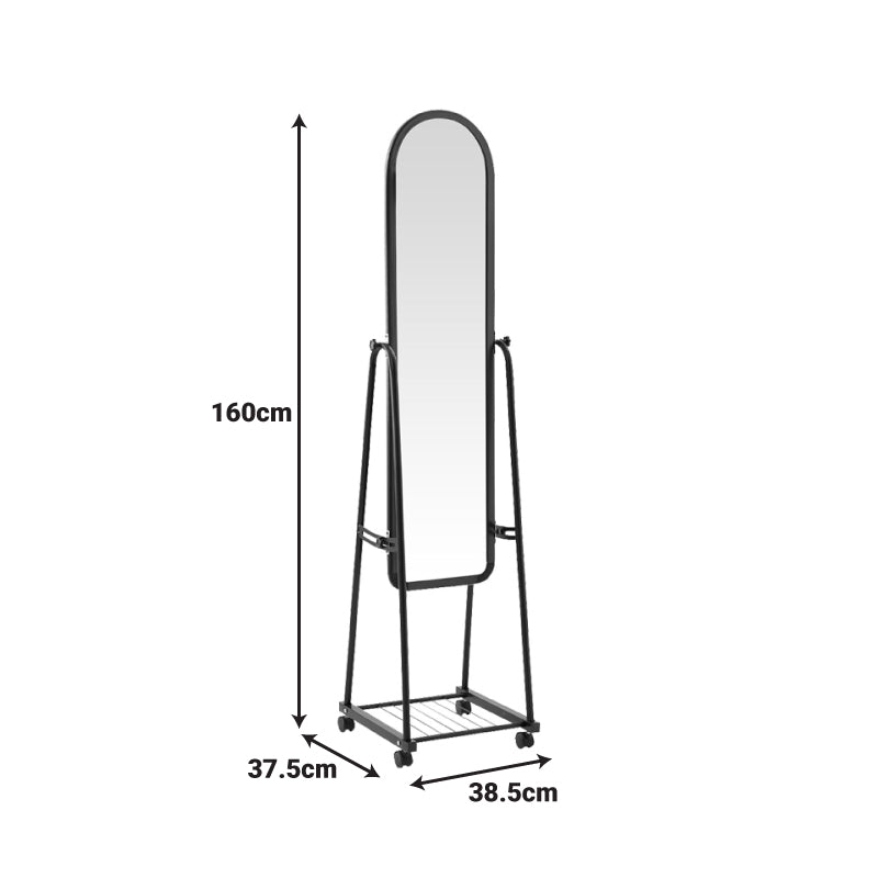 Oglinda pe roti cu raft Lomna, Alb - Negru, metal/, 38x37x160 cm - Negru