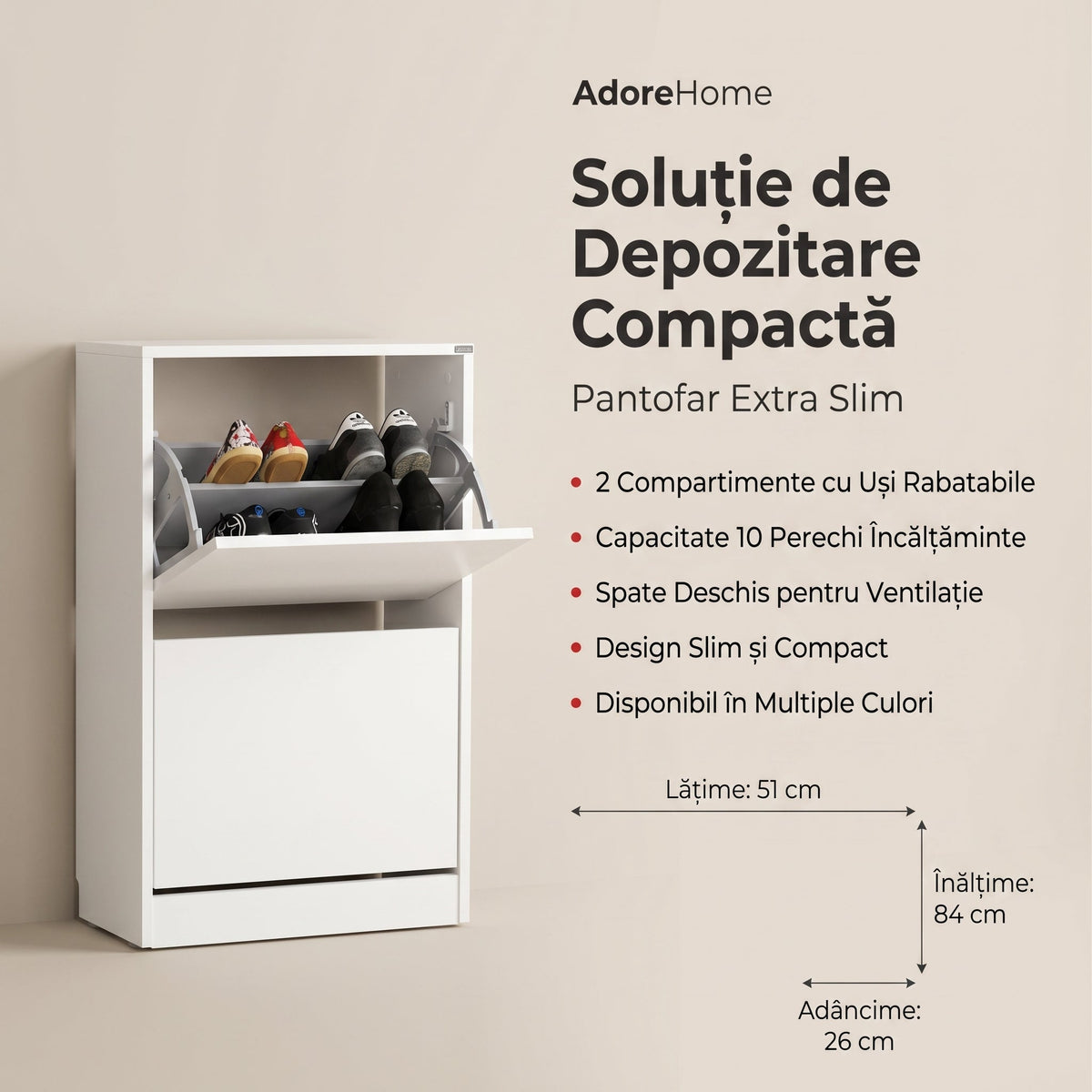 Pantofar Adore Compact, 10 Perechi, 2 Compartimente, Alb, 51x84x26 cm, foto produs | SKU: SHC-320-BB-1, SHC-320-UU-1