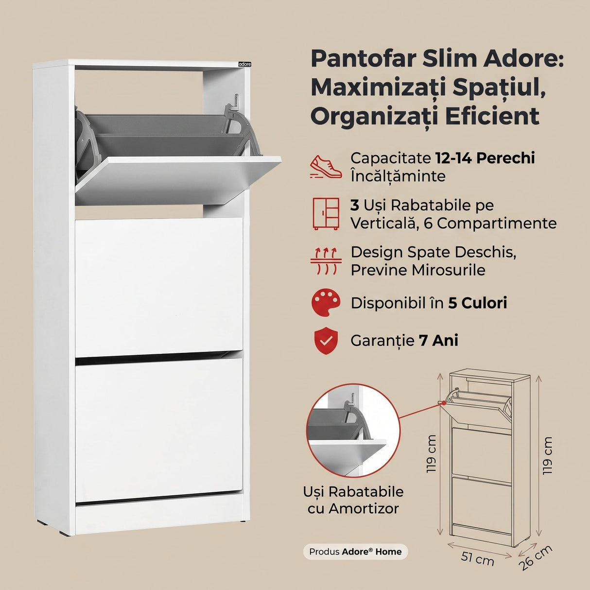 Pantofar SHC-330-BB-1 Home Collection® Compact Plus, 12 Perechi, 3 Compartimente, Alb - Stejar - Mov, 51x119x26 cm - Alb | SKU: SHC-330-BB-1, SHC-330-FF-1, SHC-330-UU-1