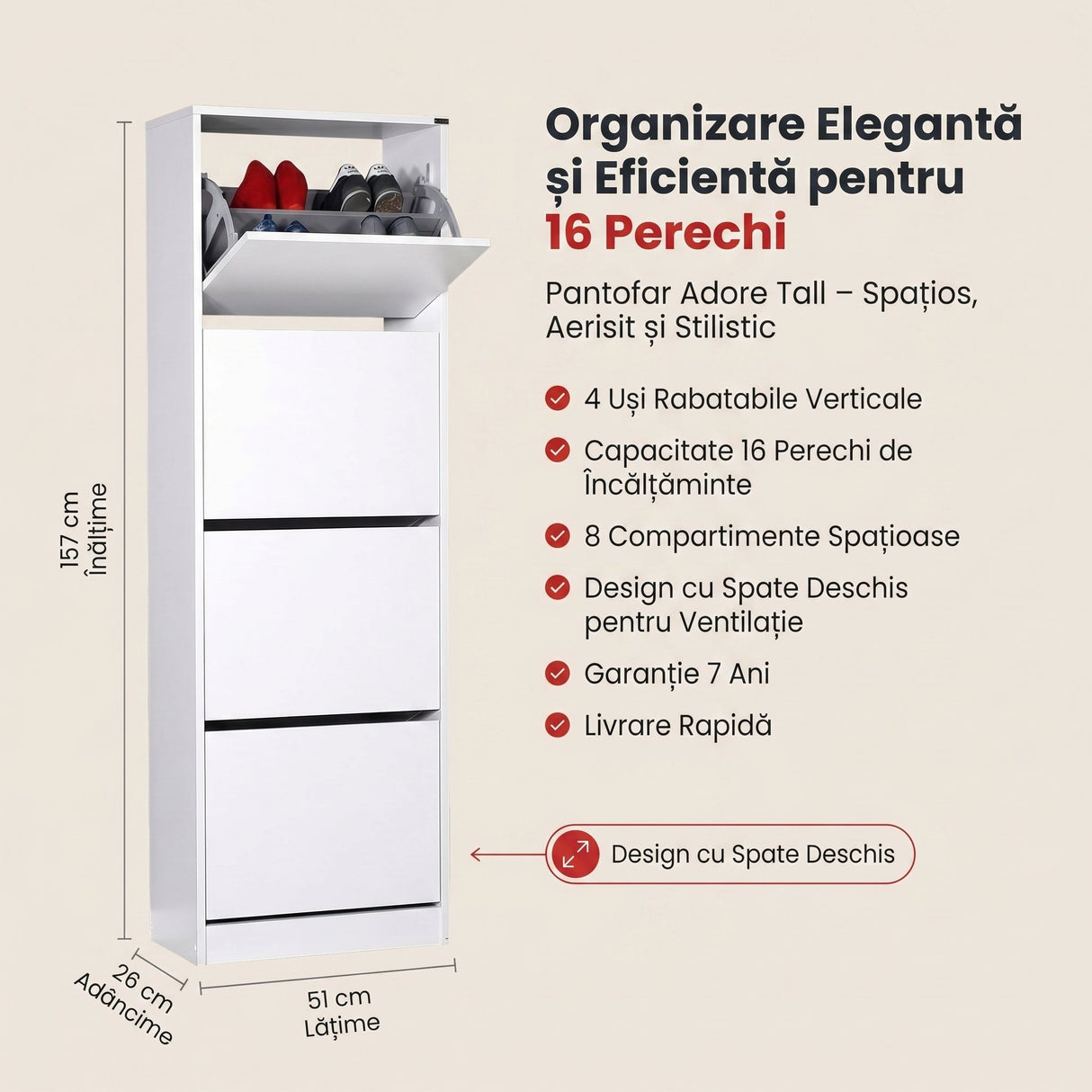 Pantofar SHC-340-BB-1 Home Collection® Compact XL, 16 Perechi, 4 Compartimente, Alb - Natur, 51x157x26 cm - Alb | SKU: SHC-340-BB-1, SHC-340-FF-1