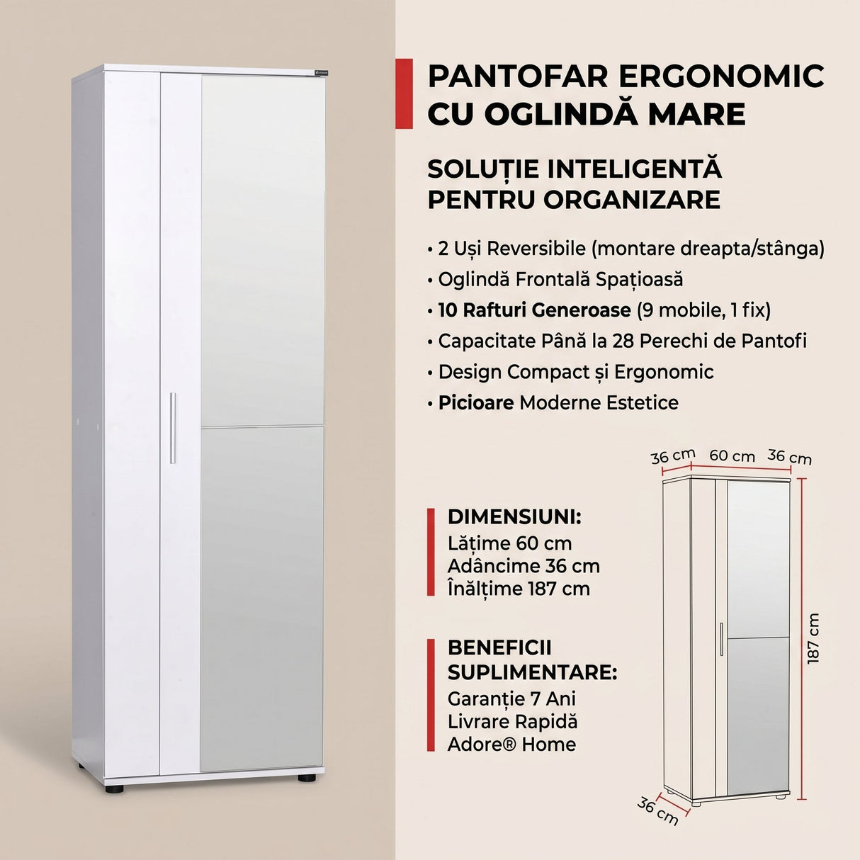 Pantofar SHC-629-BB-2 Home Collection® Porto, 2 usi reversibile cu oglinda, 10 rafturi, capacitate 28 perechi, Alb - Natur, 60x187x36 cm - Alb | SKU: SHC-629-BB-2, SHC-629-FF-2