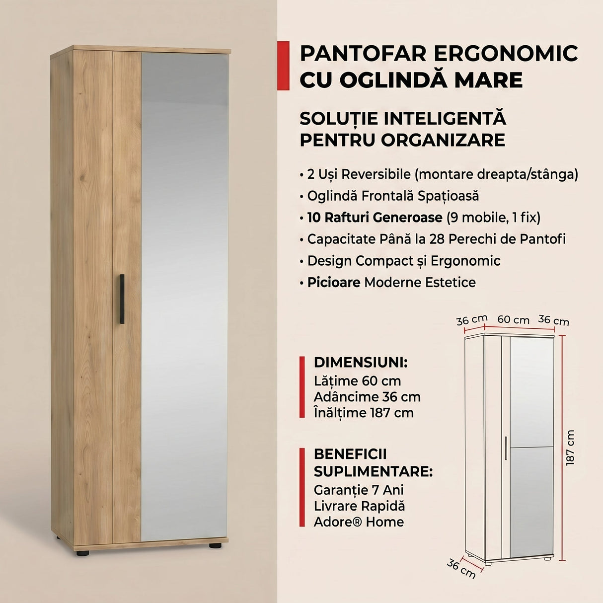 Pantofar SHC-629-BB-2 Home Collection® Porto, 2 usi reversibile cu oglinda, 10 rafturi, capacitate 28 perechi, Alb - Natur, 60x187x36 cm - Natur | SKU: SHC-629-FF-2