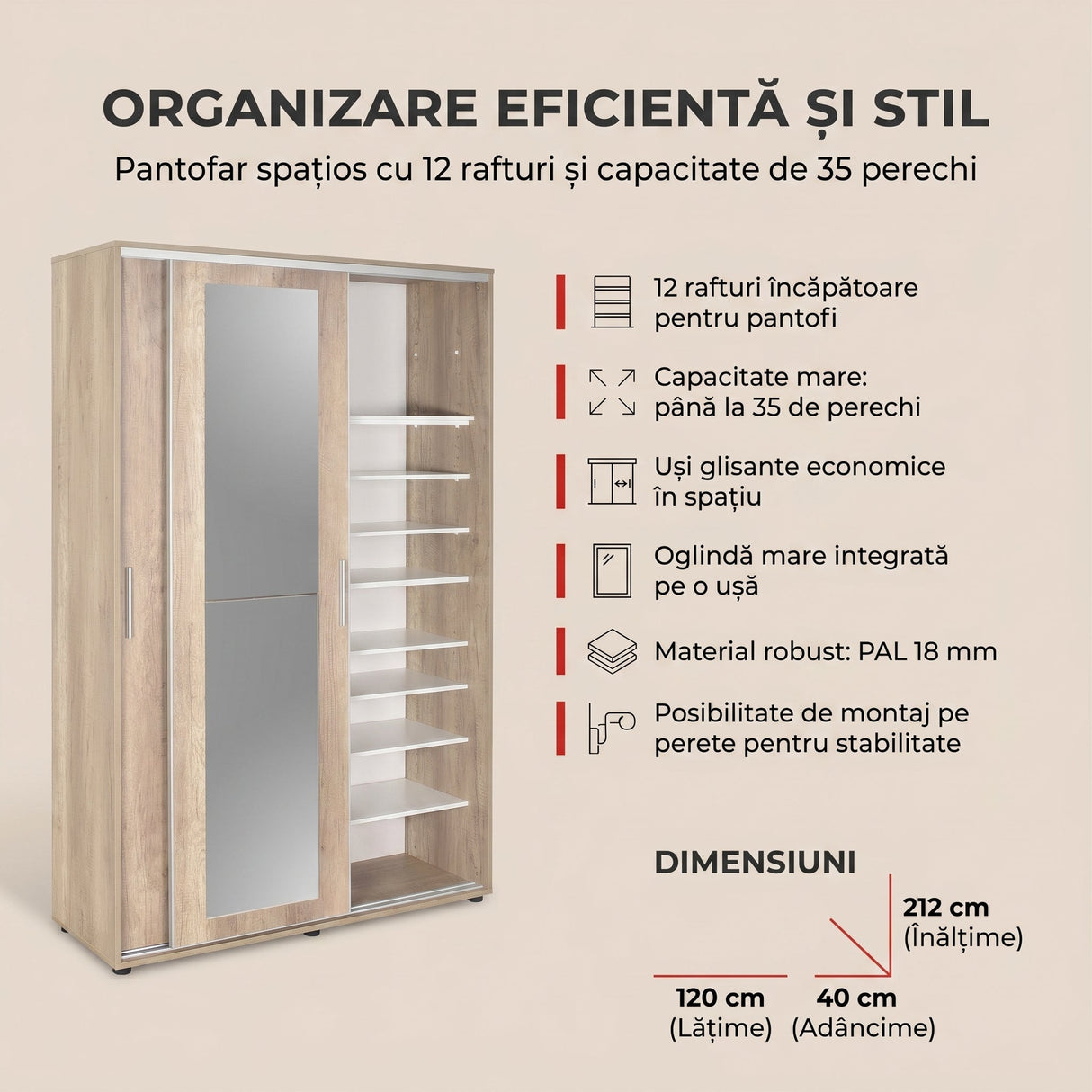 Pantofar PRT-720-TT-3 Home Collection® Porto cu cuier, 2 usi cu oglinda, 12 rafturi, capacitate 35 perechi incaltaminte, Natur, 120x212x40 cm