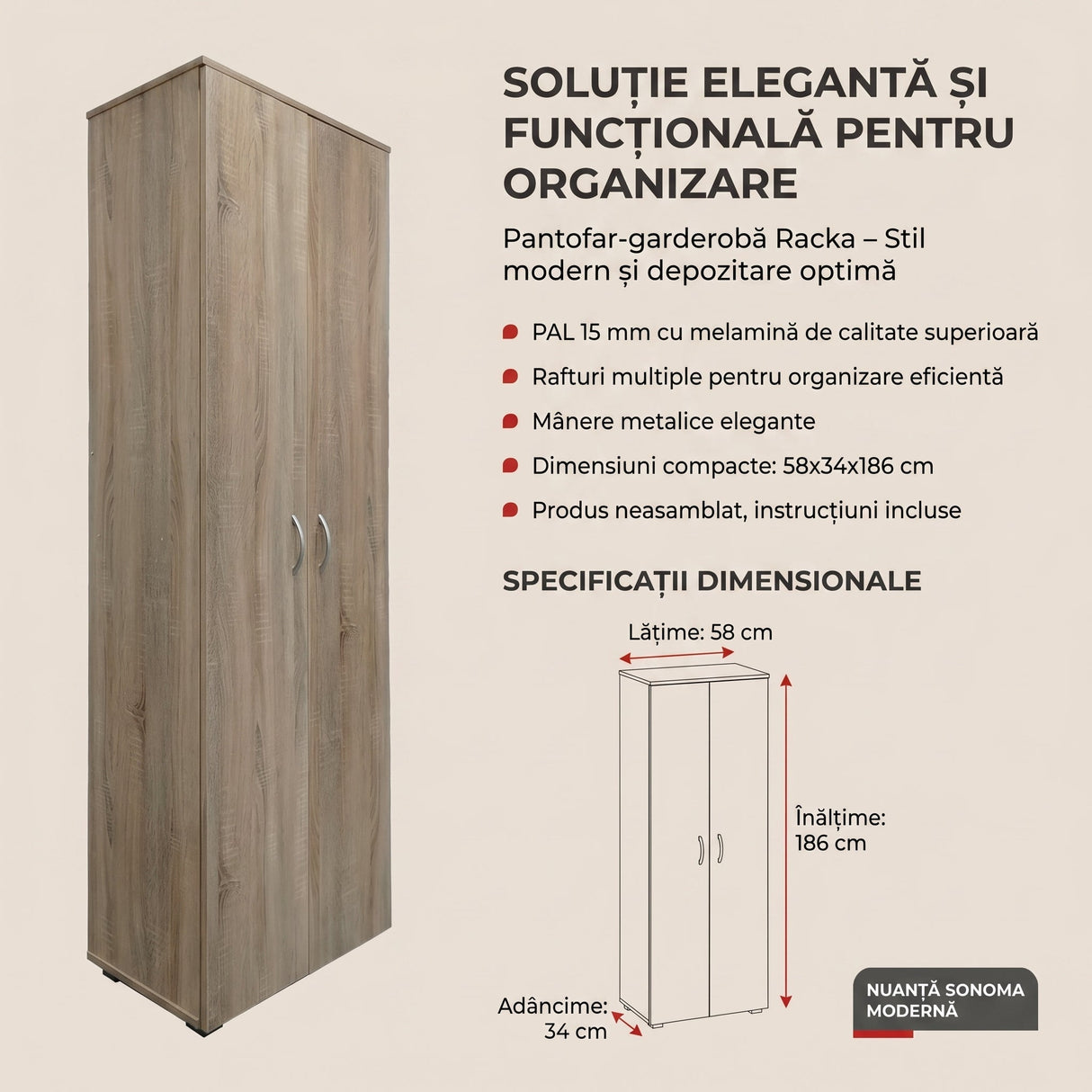Dulap pantofi cu functie organizare Racka, Lemn, Diverse culori, 58x34x186 cm - Stejar