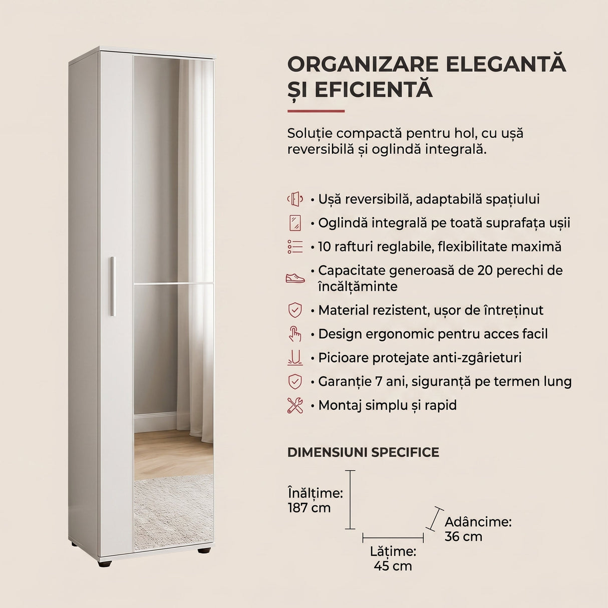 Pantofar cu oglinda SHC-510-BB-1 Home Collection® Porto, usa reversibila, 10 rafturi, capacitate 20 perechi incaltaminte, Alb, 45x187x36 cm