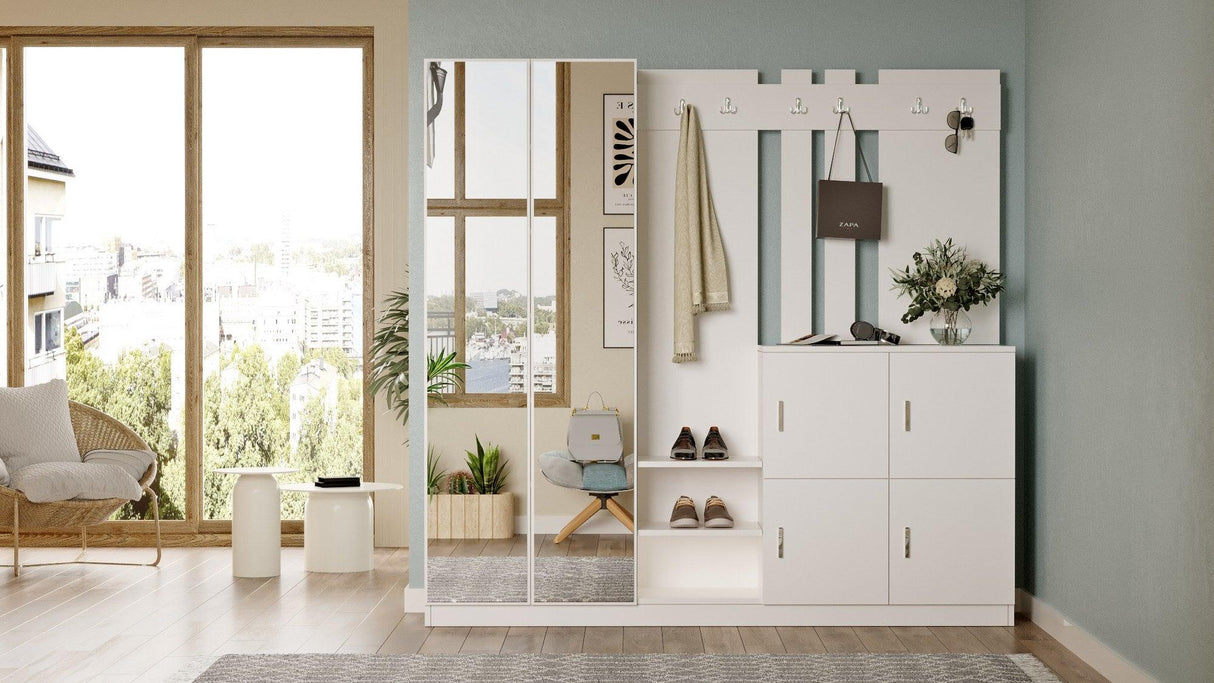 Pantofar Curier cu oglinda si 4 compartimente, Alb, 187x180x38 cm