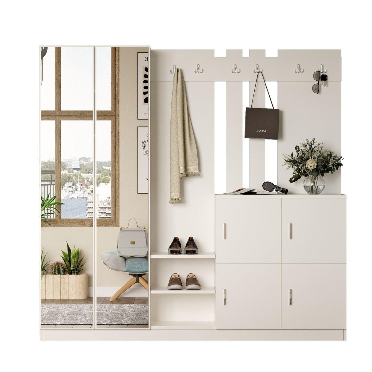 Pantofar Curier cu oglinda si 4 compartimente, Alb, 187x180x38 cm