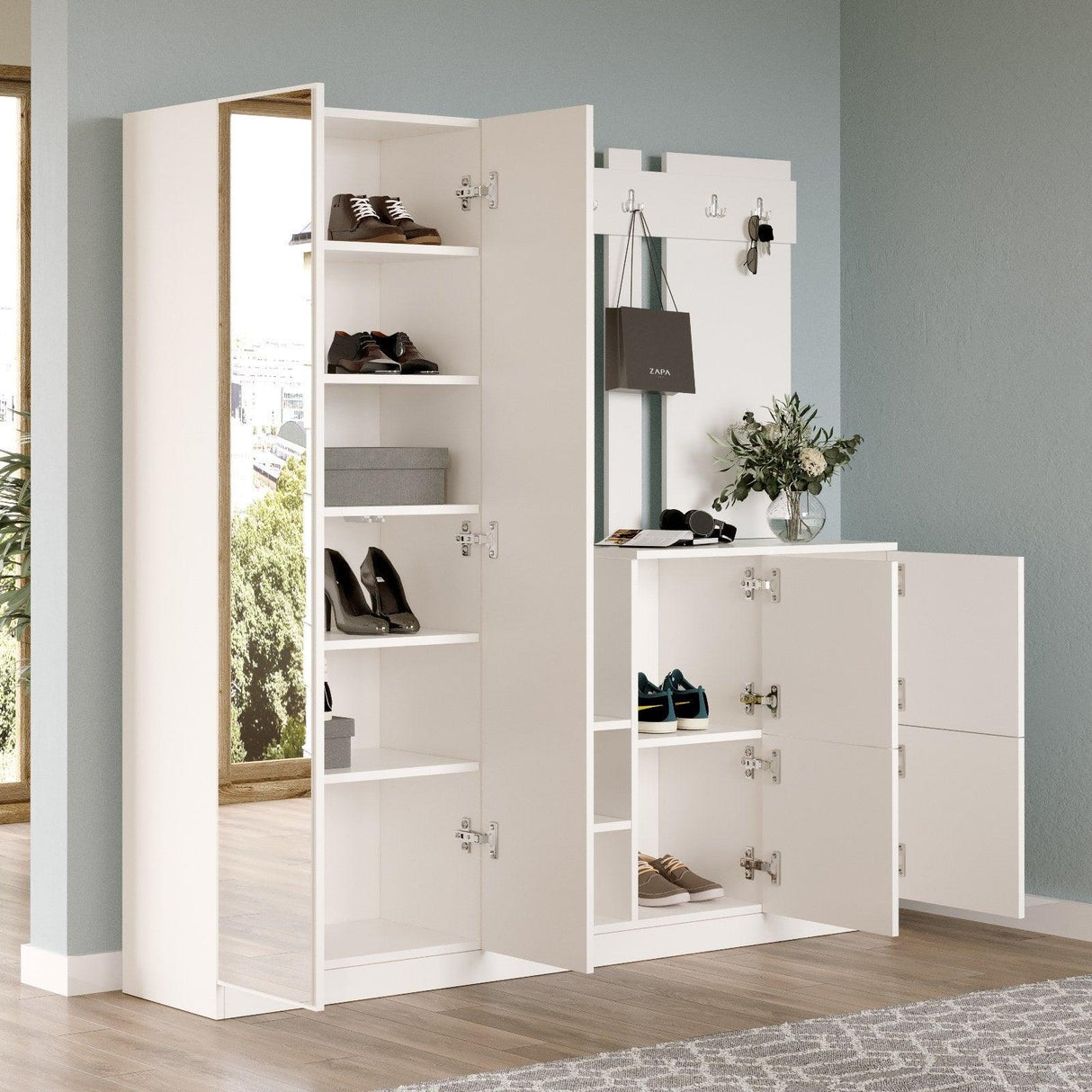 Pantofar Curier cu oglinda si 4 compartimente, Alb, 187x180x38 cm