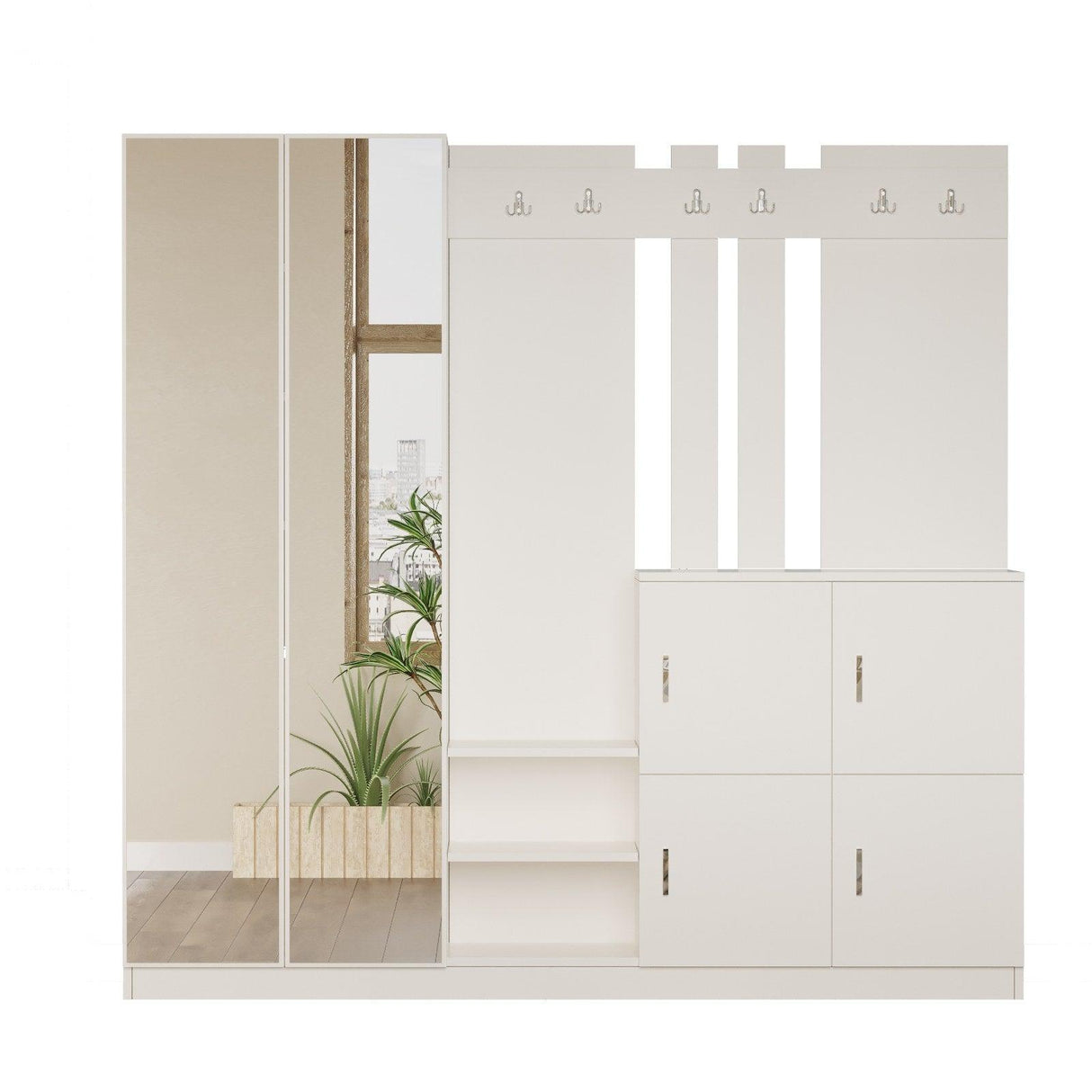 Pantofar Curier cu oglinda si 4 compartimente, Alb, 187x180x38 cm