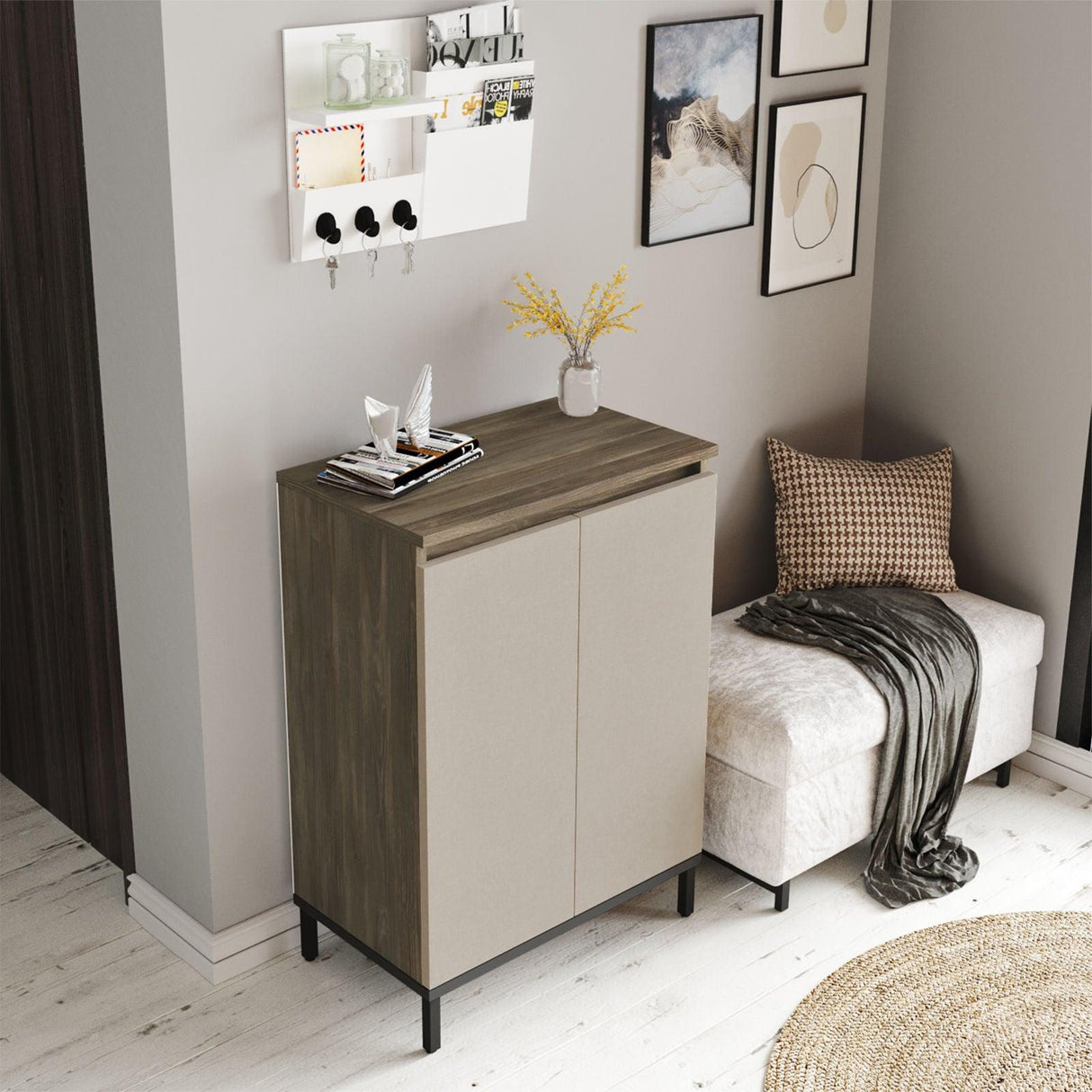 Pantofar Hol cu 2 usi si 3 Rafturi, Maro, 60x86x36 cm