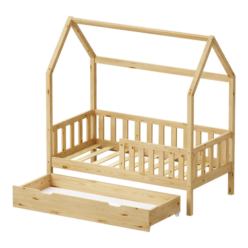 Pat bebe Bendina de tip Montessori cu sertar din lemn de pin, Natural, 70x140 cm