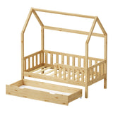 Pat bebe Bendina de tip Montessori cu sertar din lemn de pin, Natural, 70x140 cm