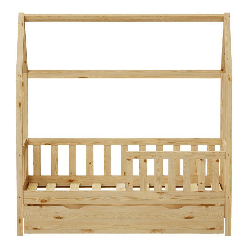 Pat bebe Bendina de tip Montessori cu sertar din lemn de pin, Natural, 70x140 cm