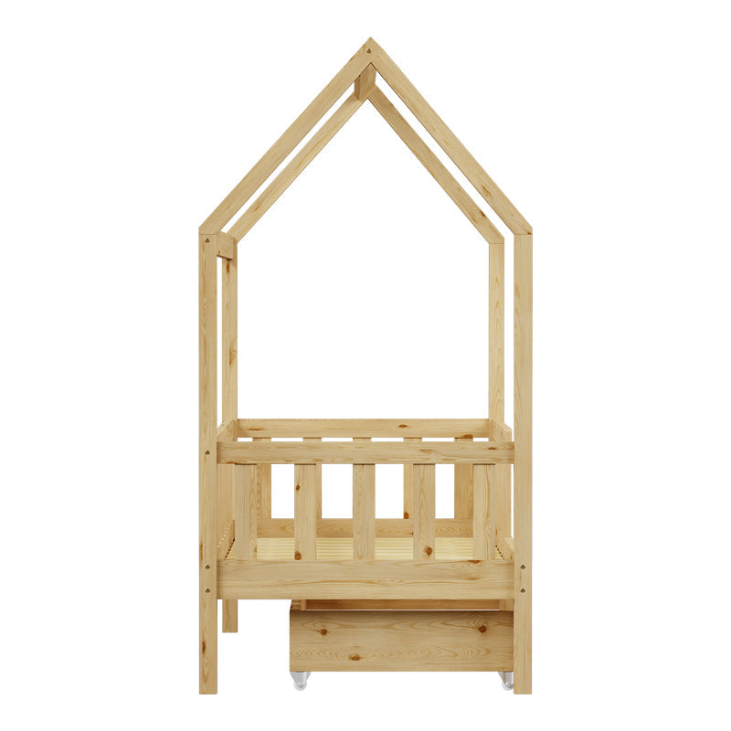 Pat bebe Bendina de tip Montessori cu sertar din lemn de pin, Natural, 70x140 cm