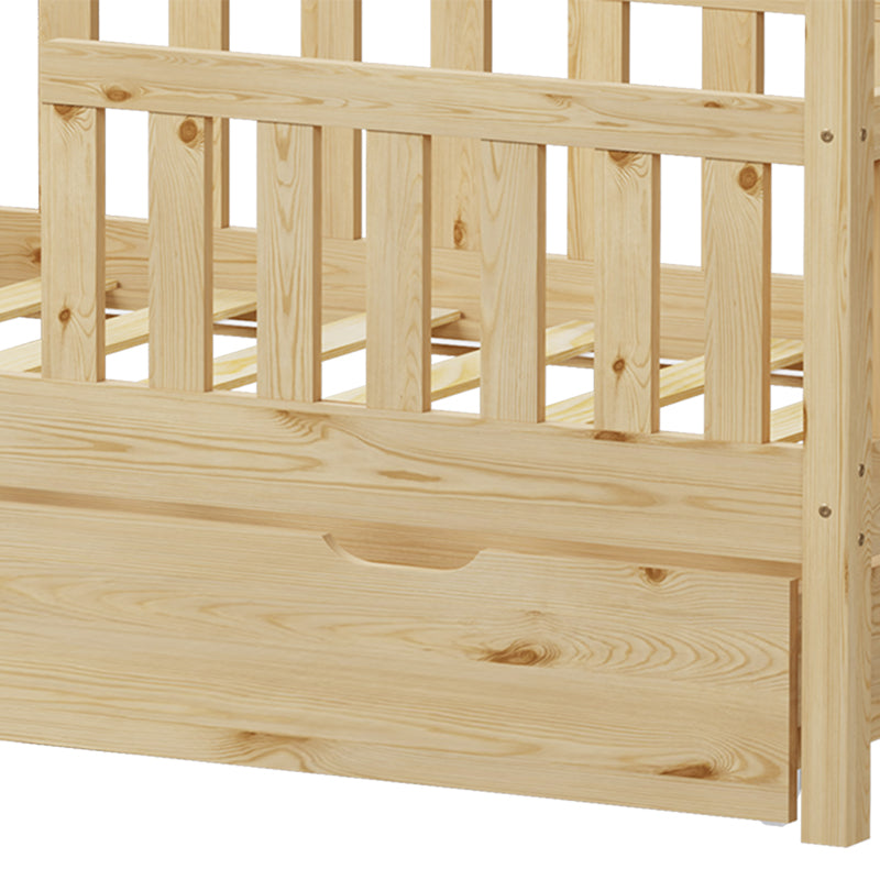Pat bebe Bendina de tip Montessori cu sertar din lemn de pin, Natural, 70x140 cm