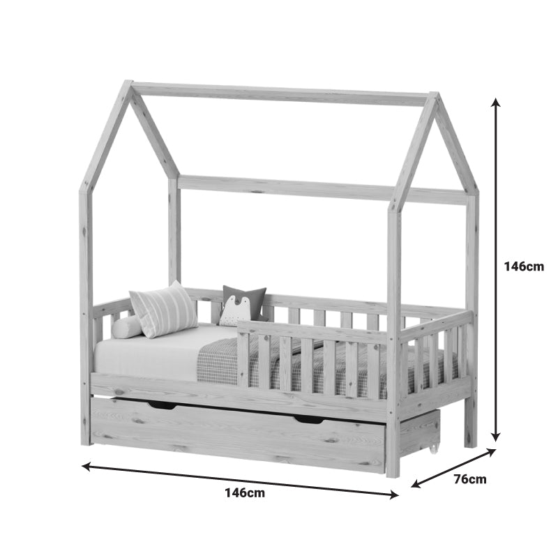 Pat bebe Bendina de tip Montessori cu sertar din lemn de pin, Natural, 70x140 cm