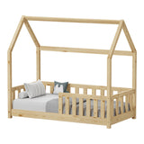 Pat copii Bambie cu balustrada tip Montessori din lemn de pin, Natural, 70x140 cm