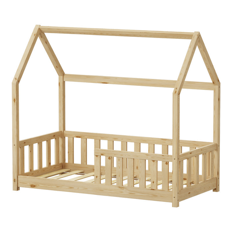 Pat copii Bambie cu balustrada tip Montessori din lemn de pin, Natural, 70x140 cm