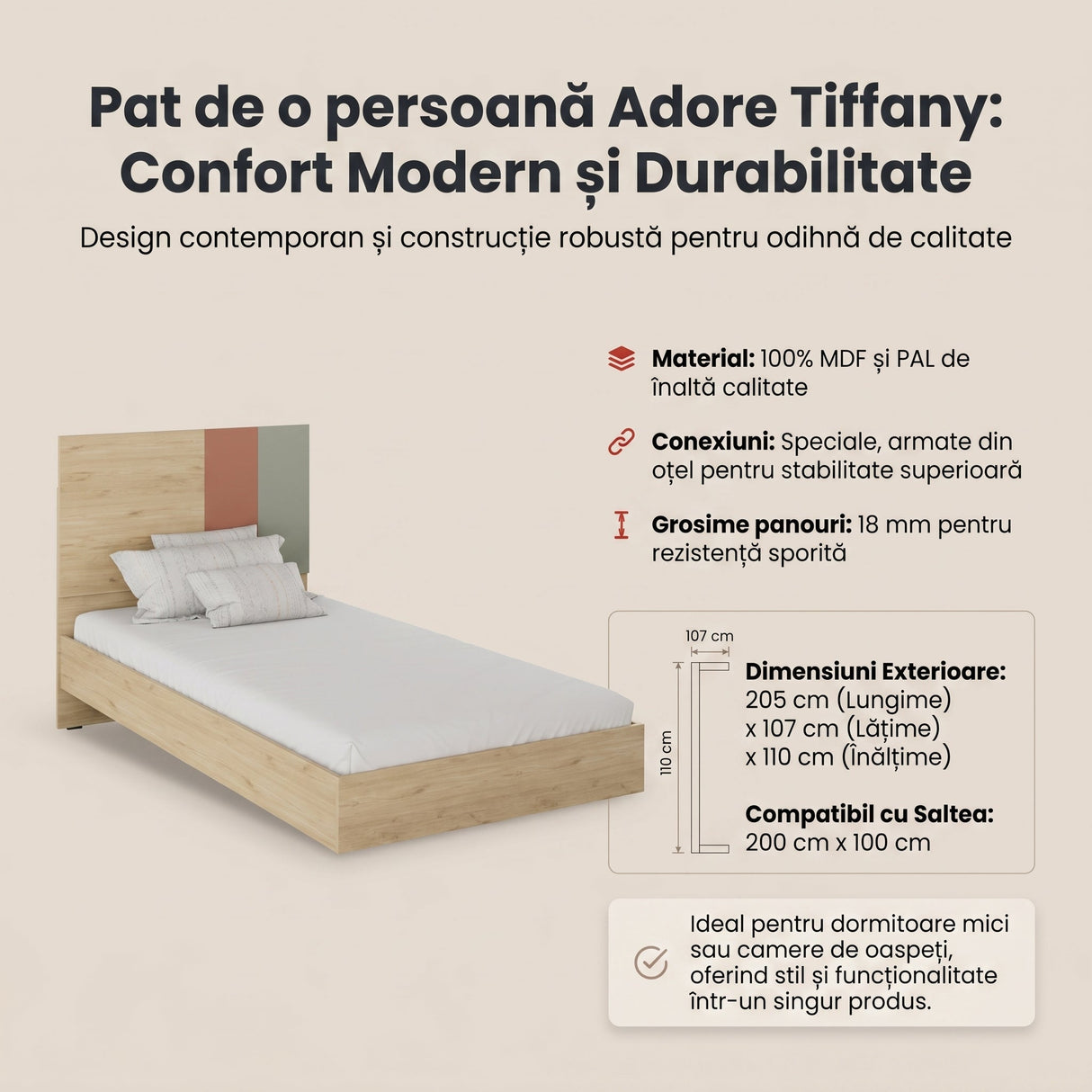 Pat de o persoană TKR-910-FX-2 Home Collection® Tiffany, Multicolor, 107x110x205 cm