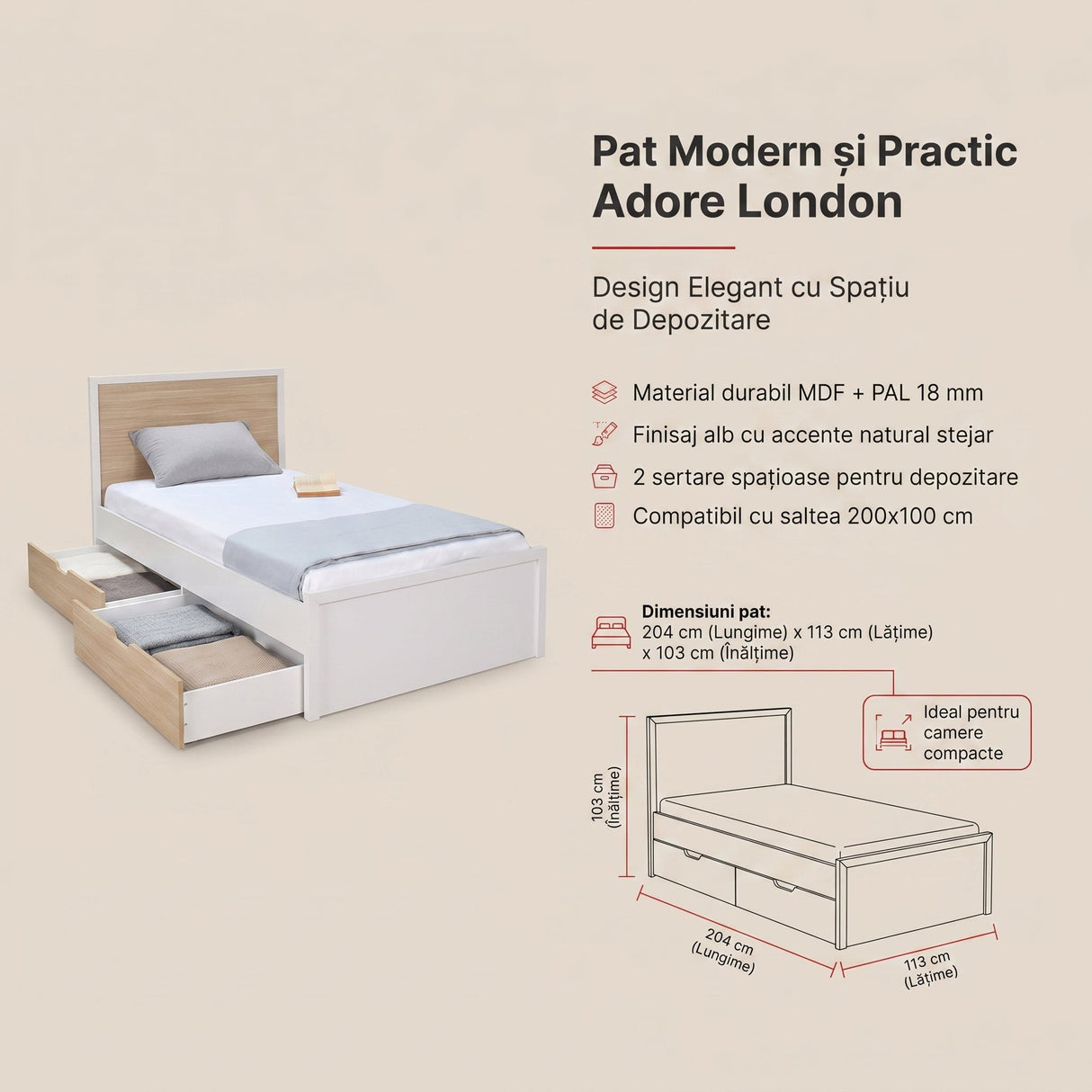 Pat de o persoana KRC-1402-MB-2 Home Collection® London cu sertare, Alb, 113x103x204 cm