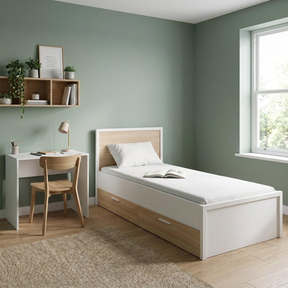Pat de o persoana KRC-1402-MB-2 Home Collection® London cu sertare, Alb, 113x103x204 cm
