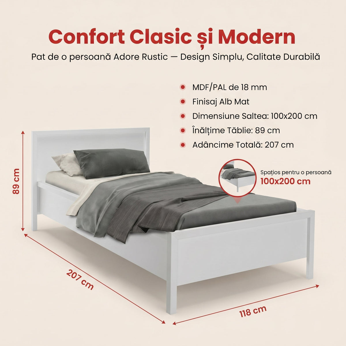 Pat de o persoana Adore Rustic, Alb, 118x89x207 cm, detaliu produs | SKU: KRY-991-BB-2
