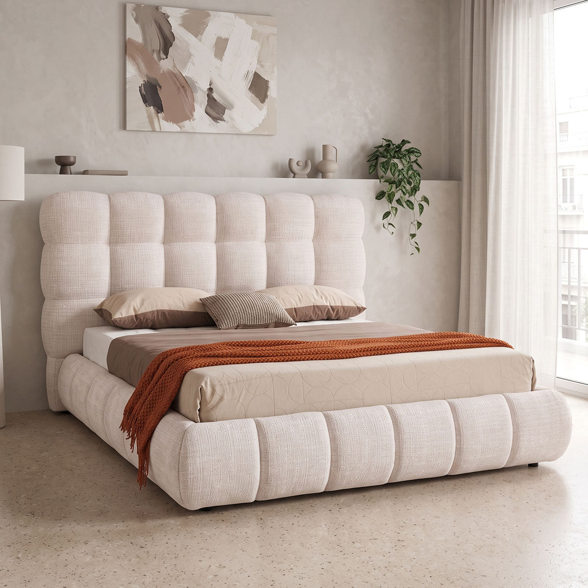 Pat dublu Abena, cu depozitare, bouclé, Diverse culori, 160x200 cm - Crem | SKU: 279-000028 | Pat dublu Abena, cu depozitare, bouclé, 160x200 cm, varianta Crem, produs pentru amenajarea locuinței, disponibil online în România la CasaMob