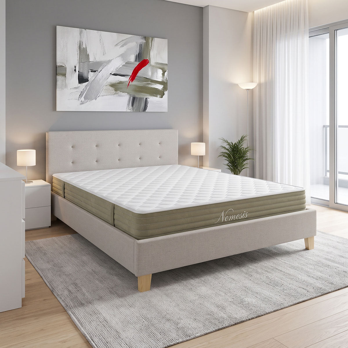 Crem | SKU: 200-001786 | Pat dublu Mago-Nemesis, cu saltea, picioare din lemn natur, 160x200 cm, varianta Crem, produs pentru amenajarea locuinței, disponibil online în România la CasaMob