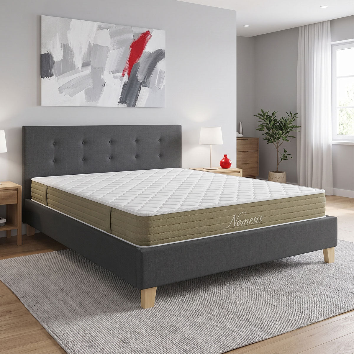 Antracit | SKU: 200-001788 | Pat dublu Mago-Nemesis, cu saltea, picioare din lemn natur, 160x200 cm, varianta Antracit, produs pentru amenajarea locuinței, disponibil online în România la CasaMob