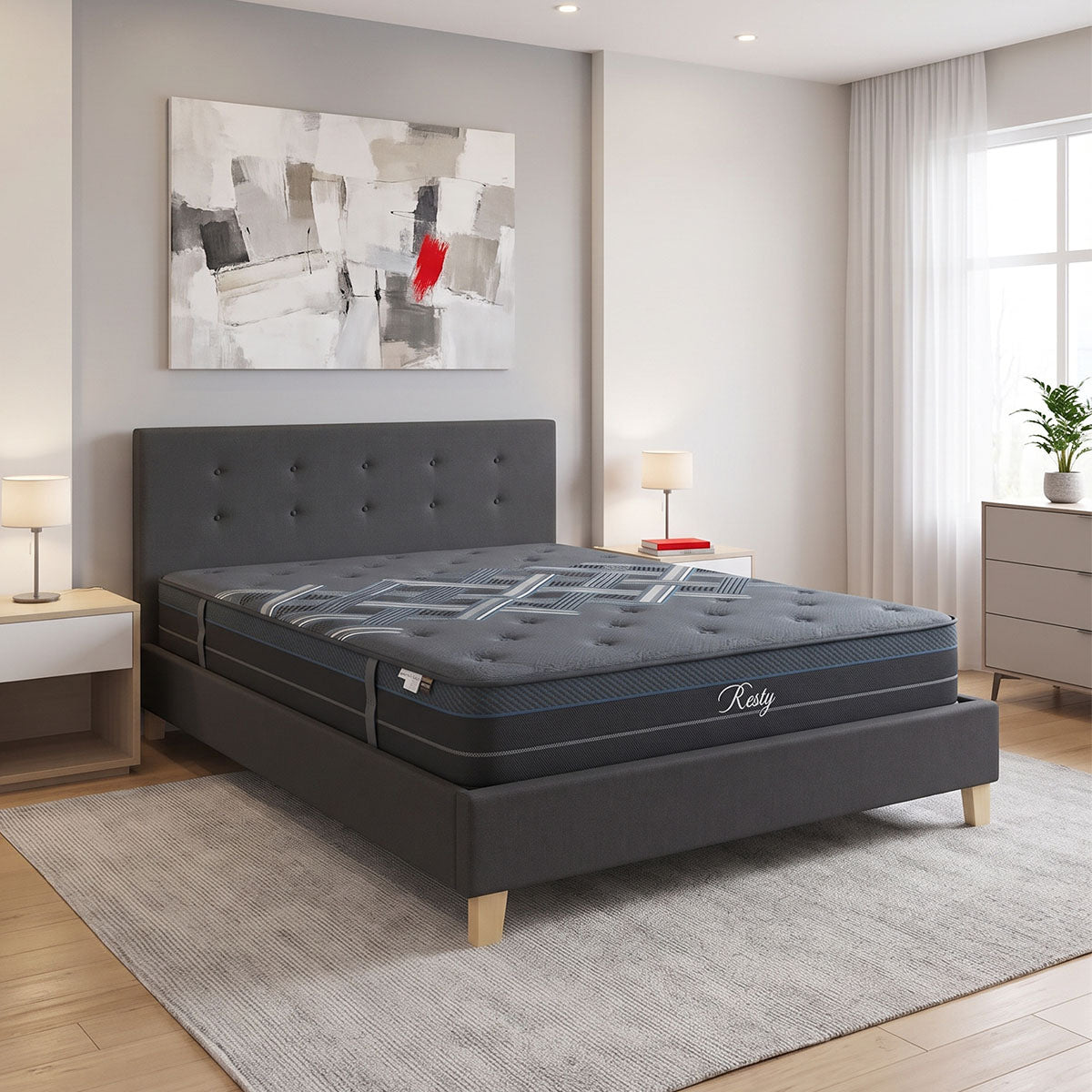 Antracit | SKU: 200-001787 | Pat dublu Mago-Resty, cu saltea, picioare din lemn natur, 160x200 cm, varianta Antracit, produs pentru amenajarea locuinței, disponibil online în România la CasaMob