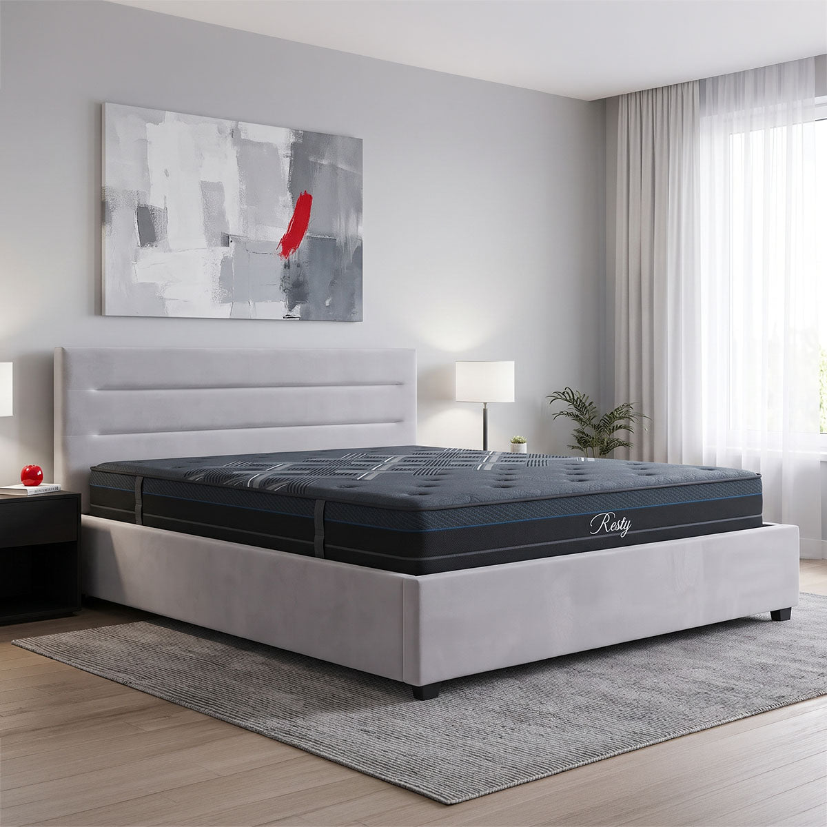 Gri | SKU: 200-001783 | Pat dublu Molito-Resty, cu depozitare, cu saltea, catifea, Gri, 160x200 cm, varianta Gri, produs pentru amenajarea locuinței, disponibil online în România la CasaMob