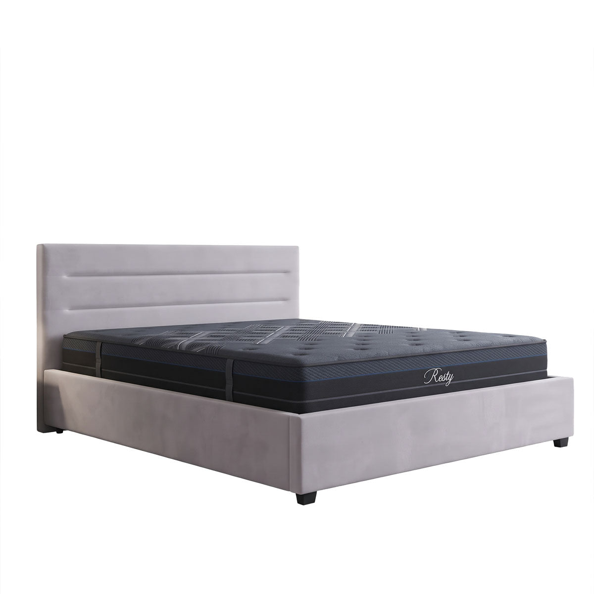 Gri | SKU: 200-001783 | Pat dublu Molito-Resty, cu depozitare, cu saltea, catifea, Gri, 160x200 cm, varianta Gri, produs pentru amenajarea locuinței, disponibil online în România la CasaMob