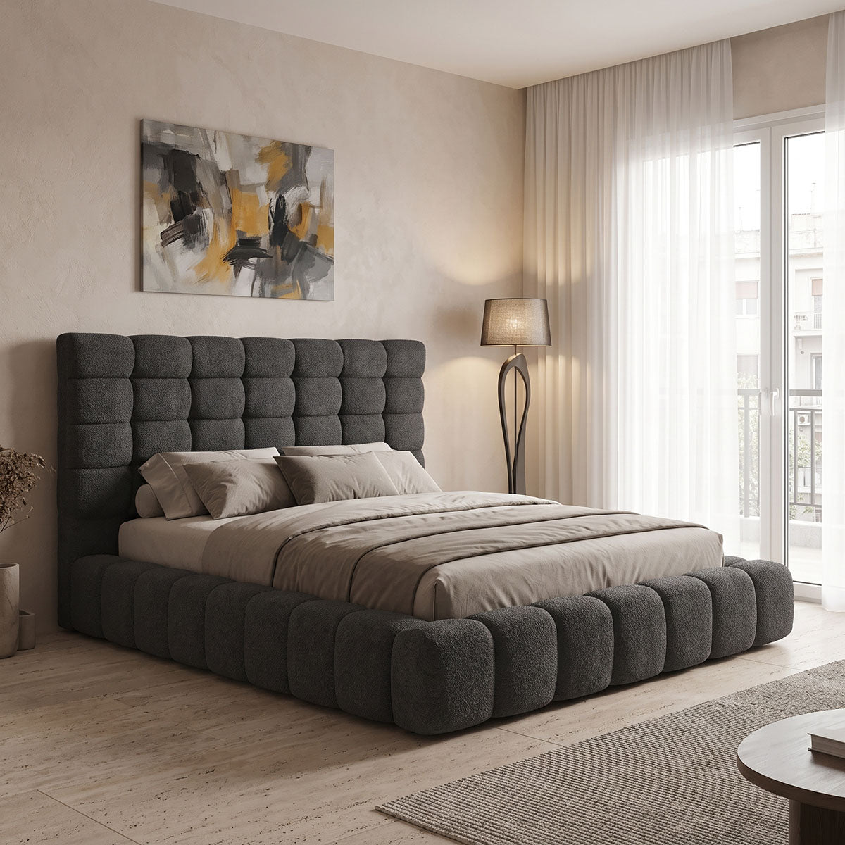 Pat dublu Pernant, cu depozitare, bouclé, Diverse culori, 160x200 cm - Antracit | SKU: 429-000004 | Pat dublu Pernant, cu depozitare, bouclé, 160x200 cm, varianta Antracit, produs pentru amenajarea locuinței, disponibil online în România la CasaMob
