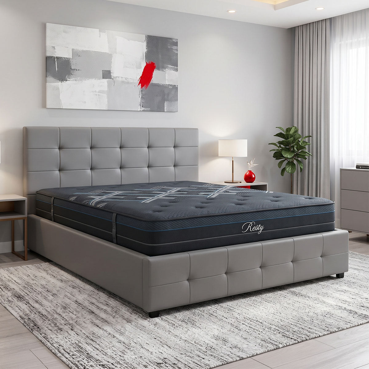 Gri | SKU: 200-001777 | Pat dublu Roi-Resty, cu depozitare, cu saltea, Gri, 160x200 cm, varianta Gri, produs pentru amenajarea locuinței, disponibil online în România la CasaMob