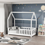 Pat pentru copii Bambie cu balustrada tip Montessori din lemn de pin, alba, 70x140 cm