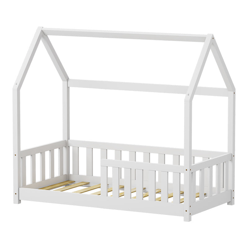 Pat pentru copii Bambie cu balustrada tip Montessori din lemn de pin, alba, 70x140 cm