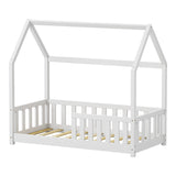 Pat pentru copii Bambie cu balustrada tip Montessori din lemn de pin, alba, 70x140 cm