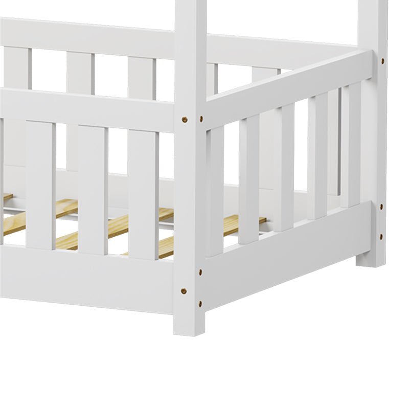 Pat pentru copii Bambie cu balustrada tip Montessori din lemn de pin, alba, 70x140 cm