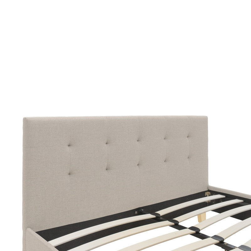 Pat tapitat cu picioare din lemn Mago, crem, 140x200 cm