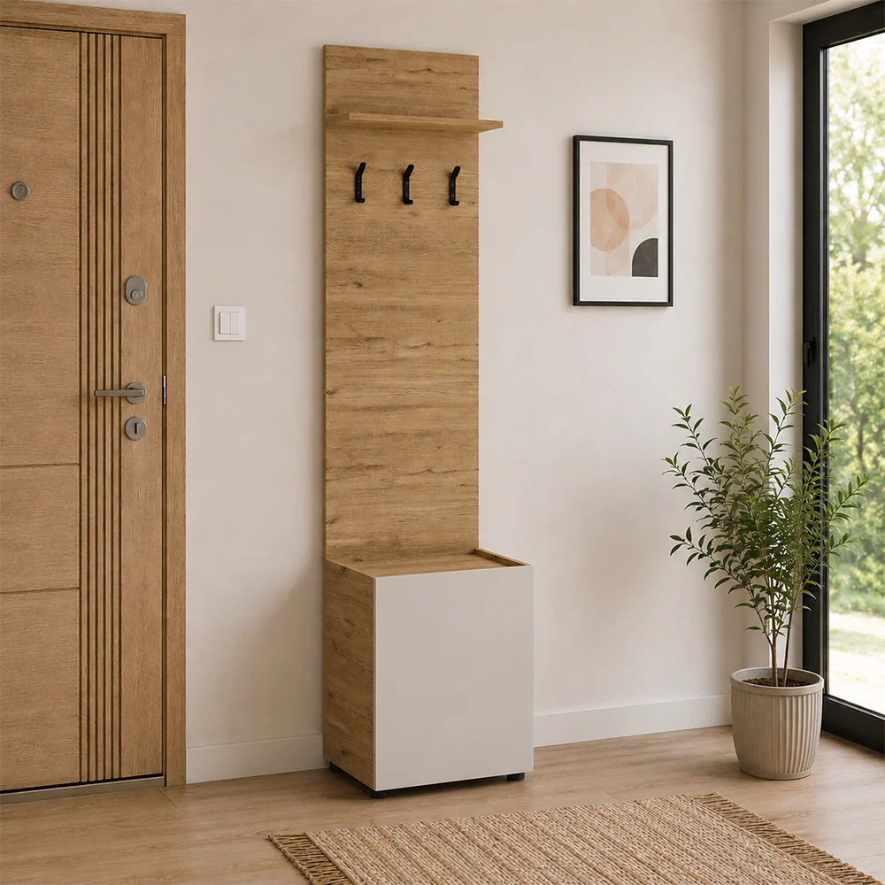 Cuier cu pantofar PRT-813-FV-1 Home Collection® Porto, 1 ușă și 3 agățători, Stejar-Bej, 51x210x34 cm
