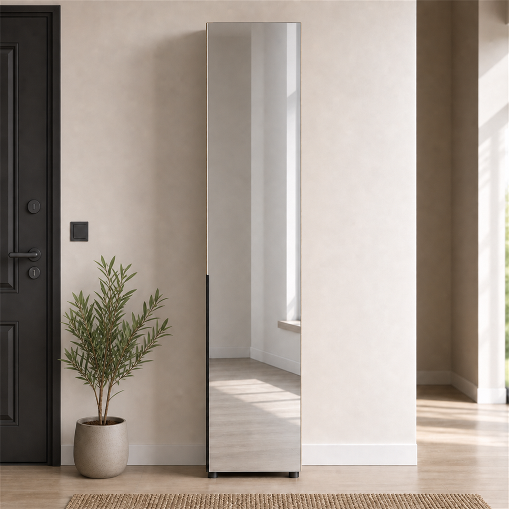 Pantofar cu oglindă PRT-819-FV-2 Home Collection® Porto, 1 ușă și 10 compartimente, Stejar-Bej, 47x210x34 cm