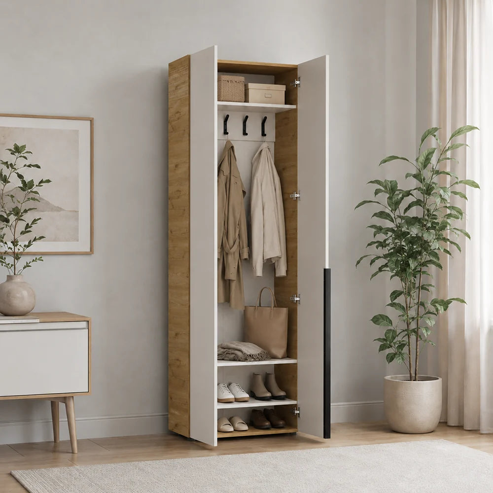 Cuier cu pantofar PRT-825-FV-2 Home Collection® Porto, 5 agățători și 4 rafturi, Stejar-Bej, 72x210x34 cm