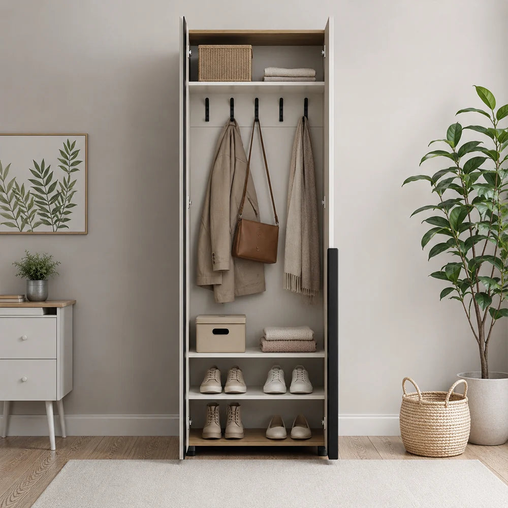 Cuier cu pantofar PRT-825-FV-2 Home Collection® Porto, 5 agățători și 4 rafturi, Stejar-Bej, 72x210x34 cm