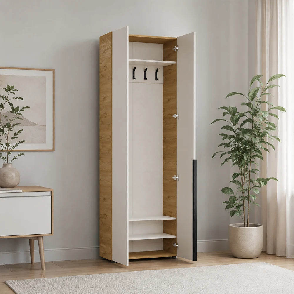 Cuier cu pantofar PRT-825-FV-2 Home Collection® Porto, 5 agățători și 4 rafturi, Stejar-Bej, 72x210x34 cm