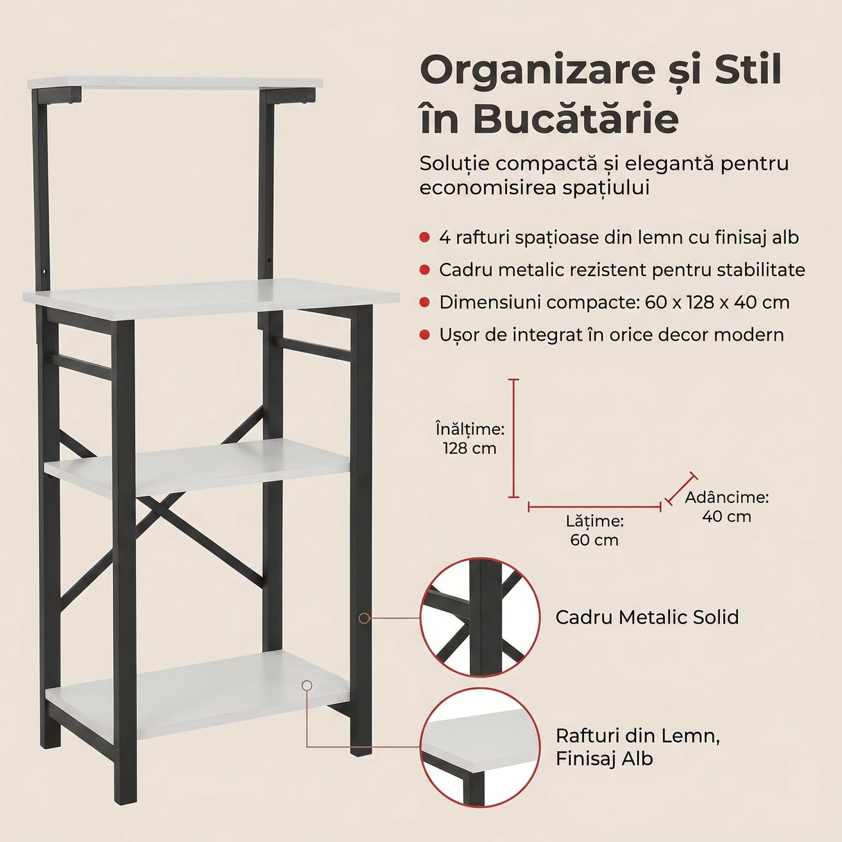 Raft Bucatarie Smart MB1-998-4060S Home Collection®, 4 rafturi, Alb, 60x128x40 cm - Alb | SKU: MB1-998-4060S, MB1-657-4060S
